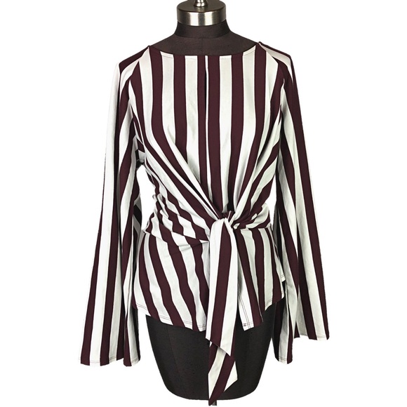 Jodifl Red Striped Bell Sleeve Tie Peplum Blouse - Picture 2 of 8